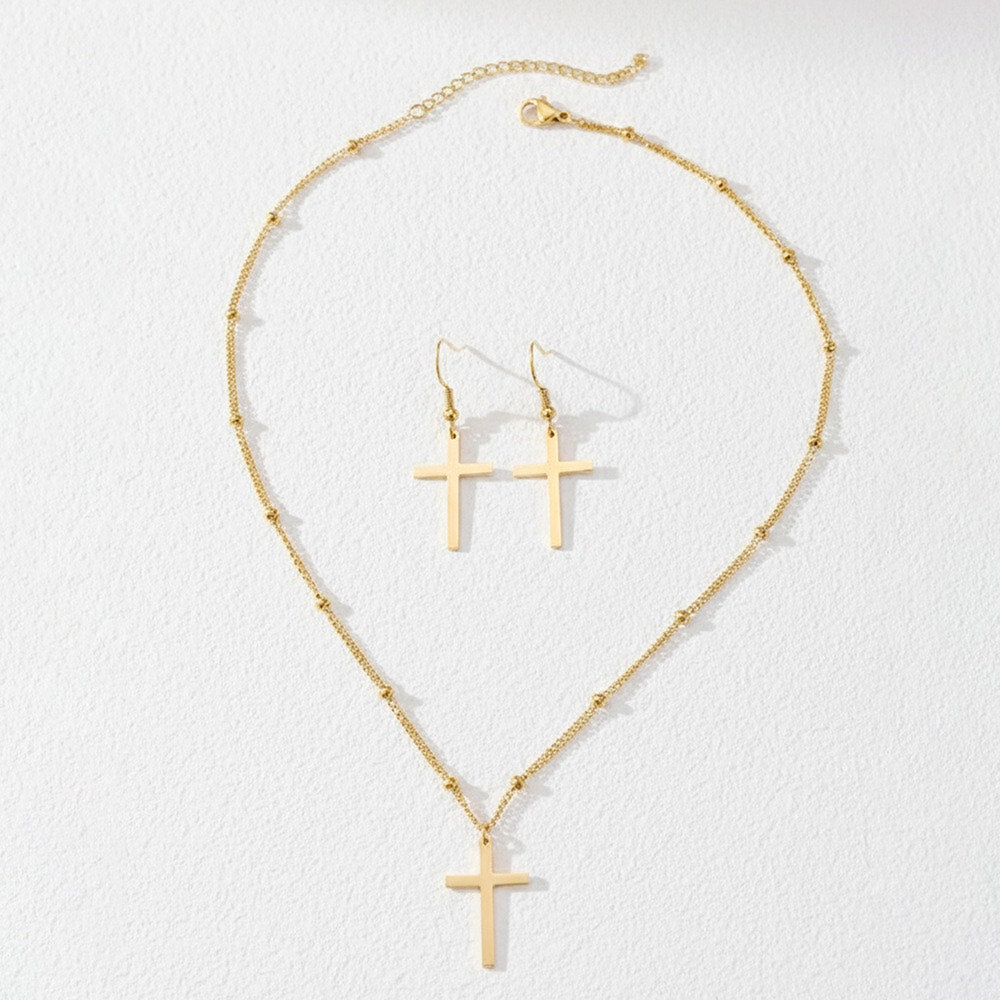 Gold Tone Cross Necklace & Earrings Set Faith Jewelry NWT