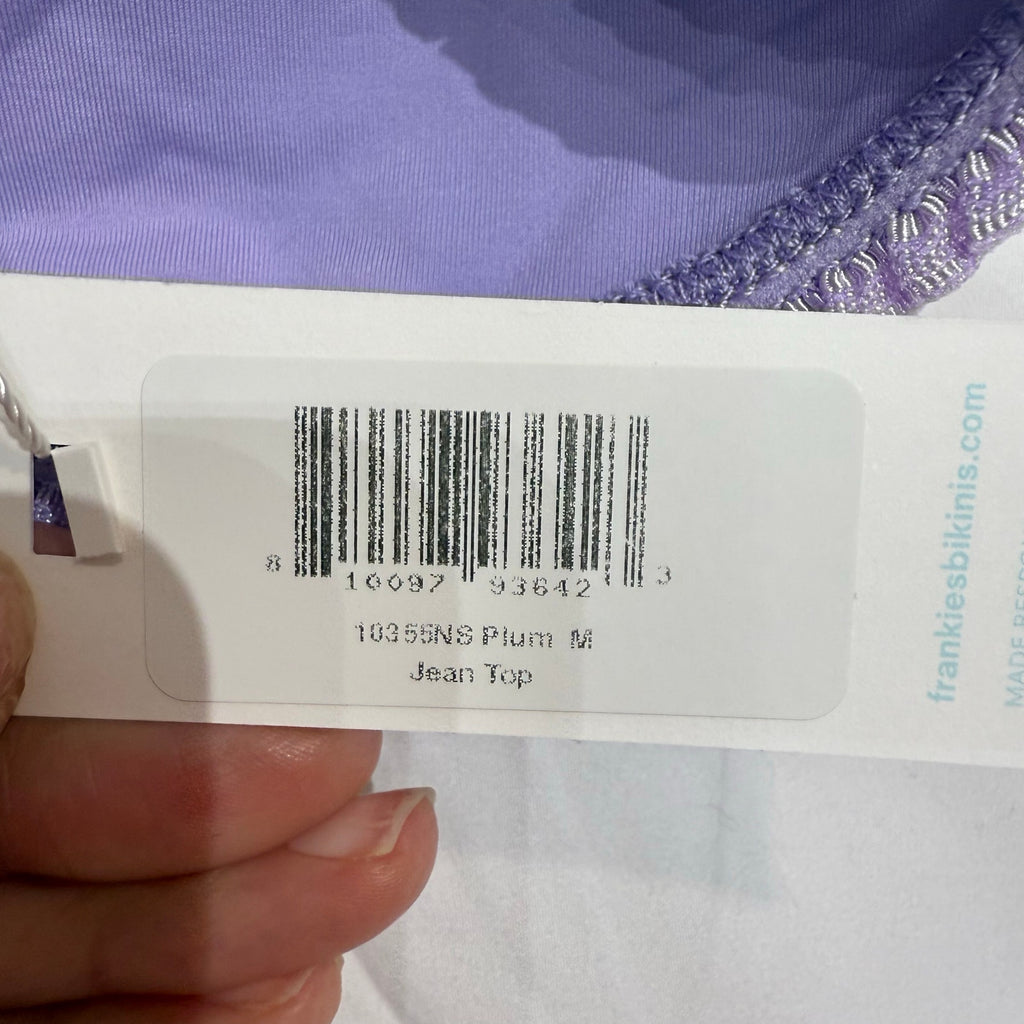 Frankies Bikinis Plum Jean Ruffle Bandeau Bikini Top Sz M NWT