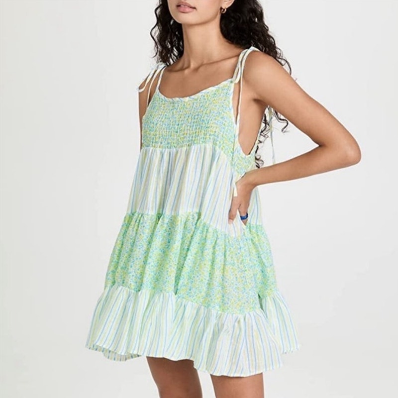 Solid & Striped Green Painted Floral The Parker Linen Mini Dress Sz L NWT