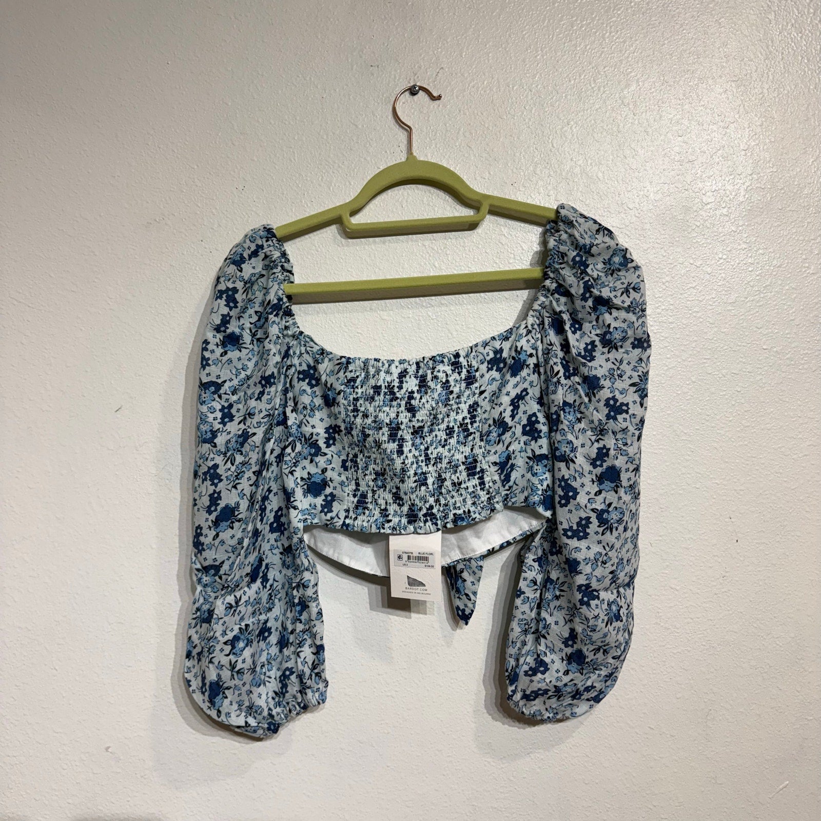 Bardot Blue Floral Linen Off The Shoulder Cropped Top Sz 2 NWT
