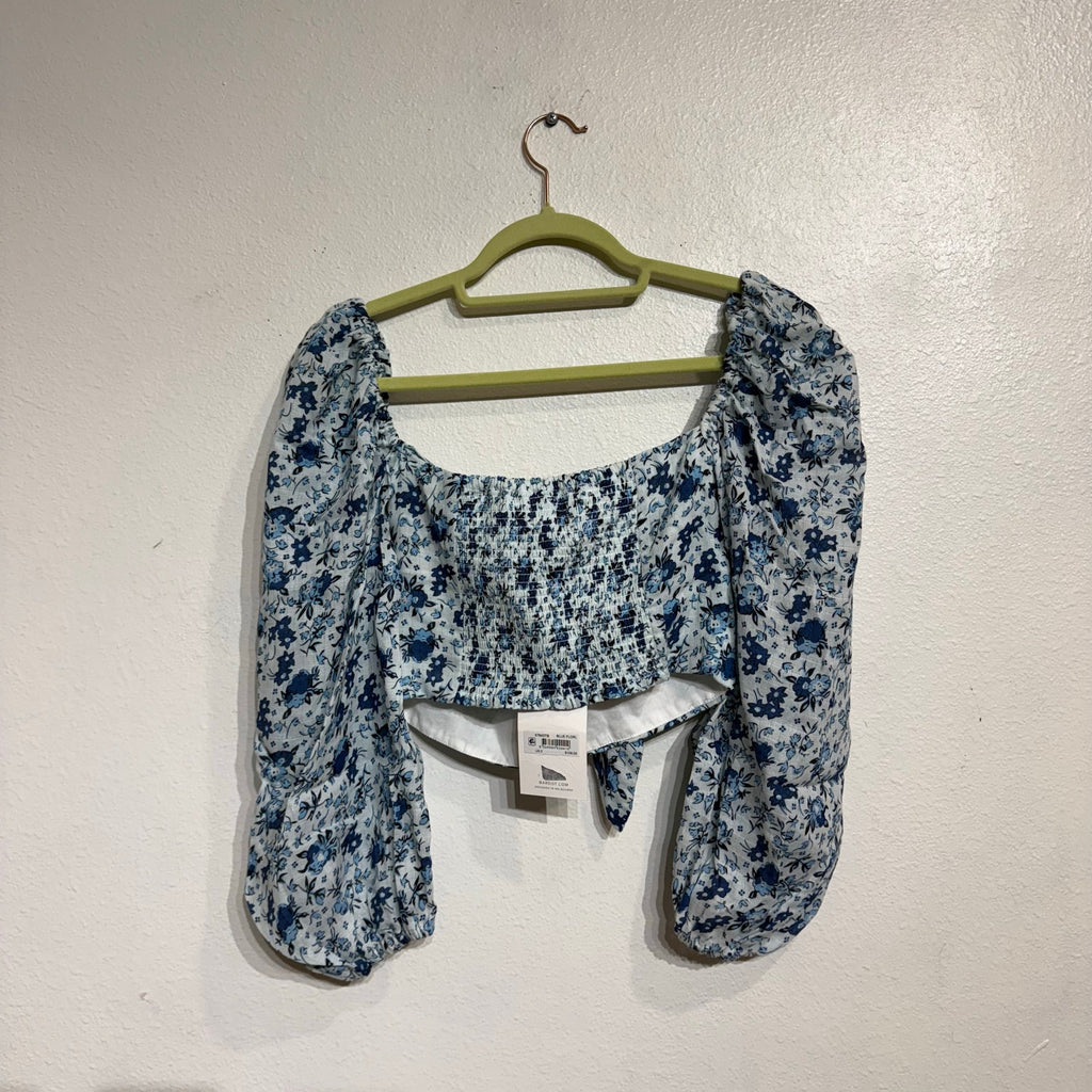 Bardot Blue Floral Linen Off The Shoulder Cropped Top Sz 2 NWT