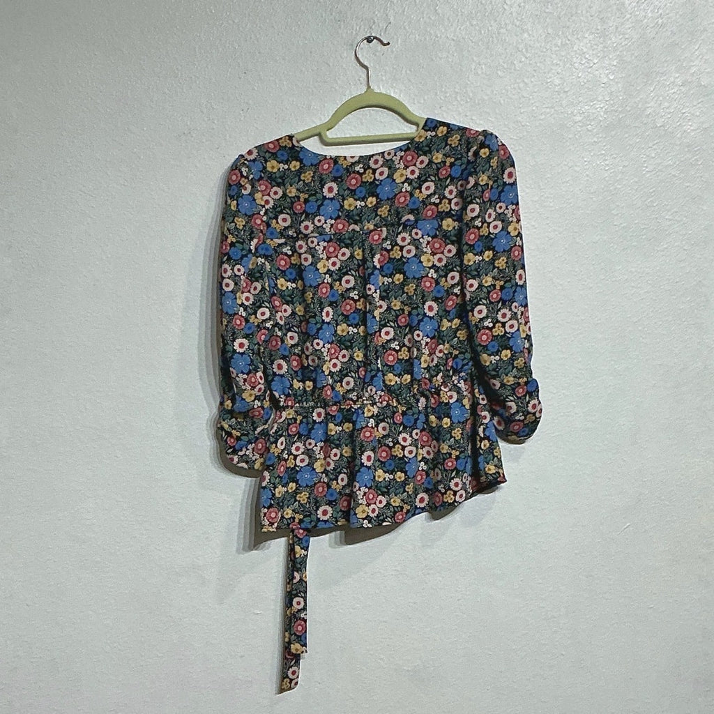 Lily White Black Floral Faux Wrap Peplum Blouse Sz S