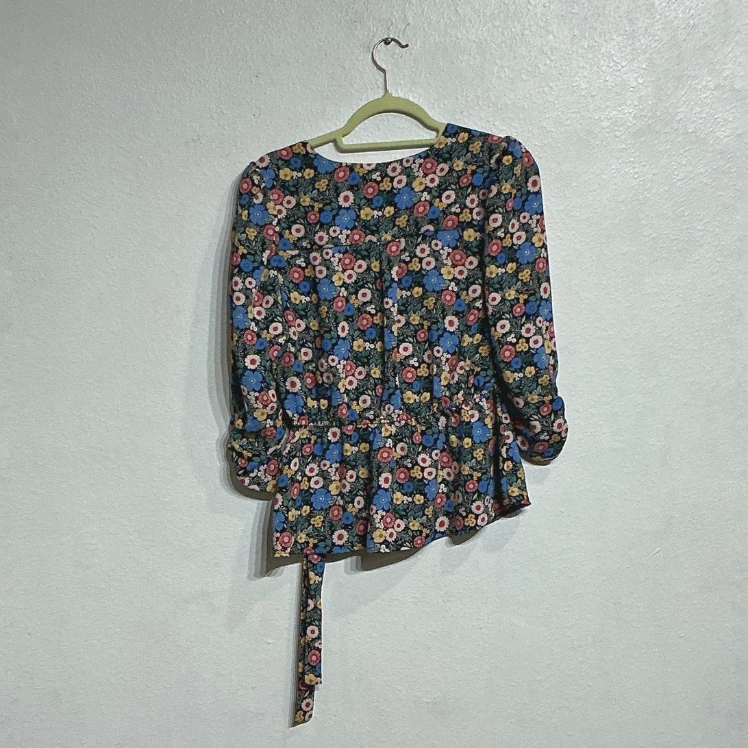 Lily White Black Floral Faux Wrap Peplum Blouse Sz S
