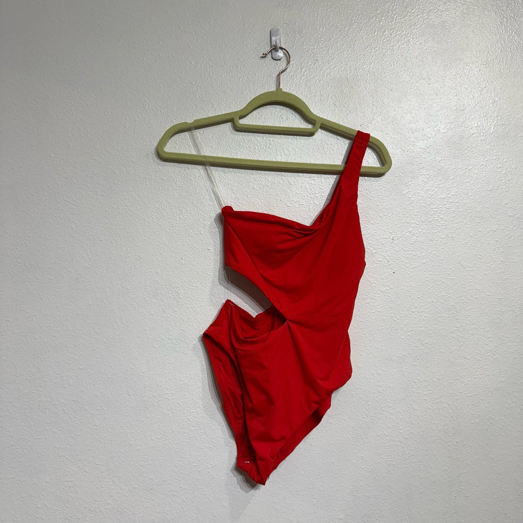 Aqua Red One Shoulder Cut Out One Piece Swimsuit Sz XS NWT