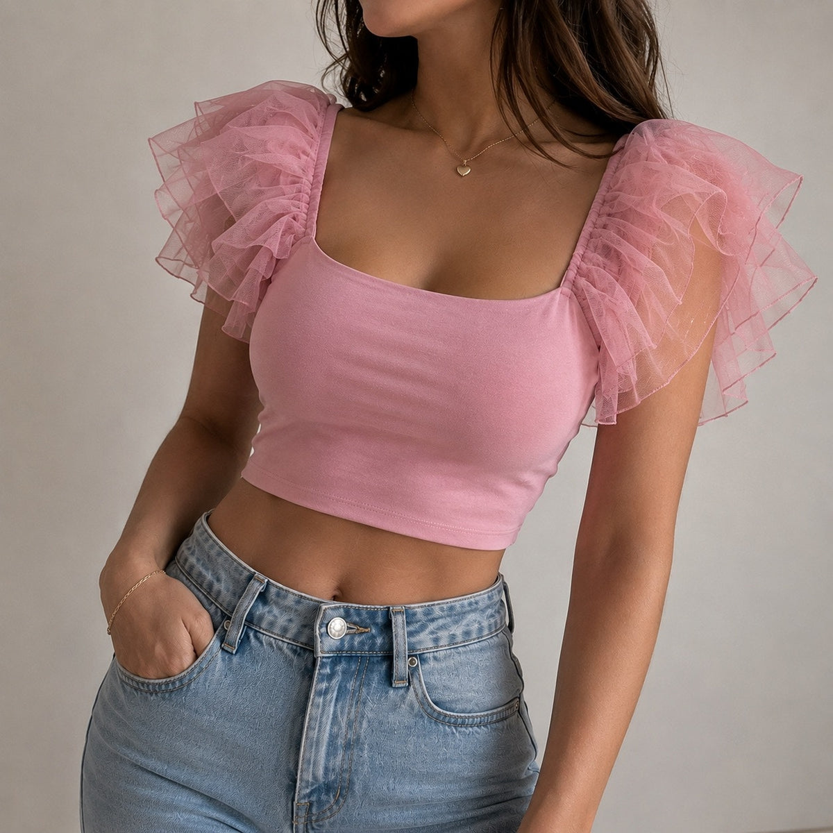 Anything Bling Pink Ruffle Mesh Sleeve Crop Top Sz S NWT