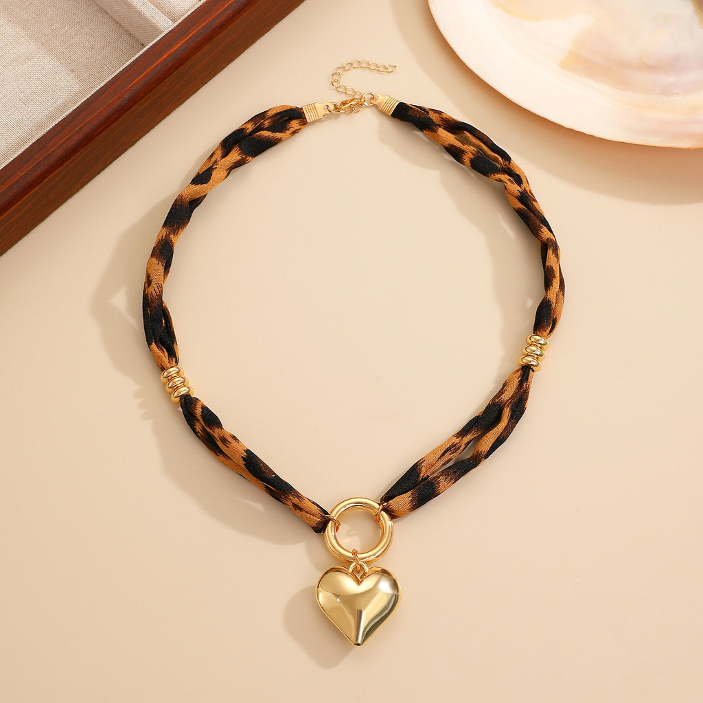 Leopard Print Scarf Necklace Gold Puffy Heart Pendant Statement Necklace NIB