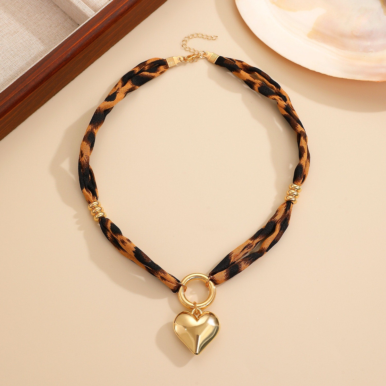 Leopard Print Scarf Necklace Gold Puffy Heart Pendant Statement Necklace NIB