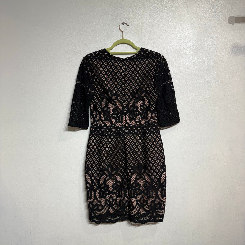 StyleStalker Black Lani Lace Mini Dress Sheer Sleeve V Neck Sz M NWT