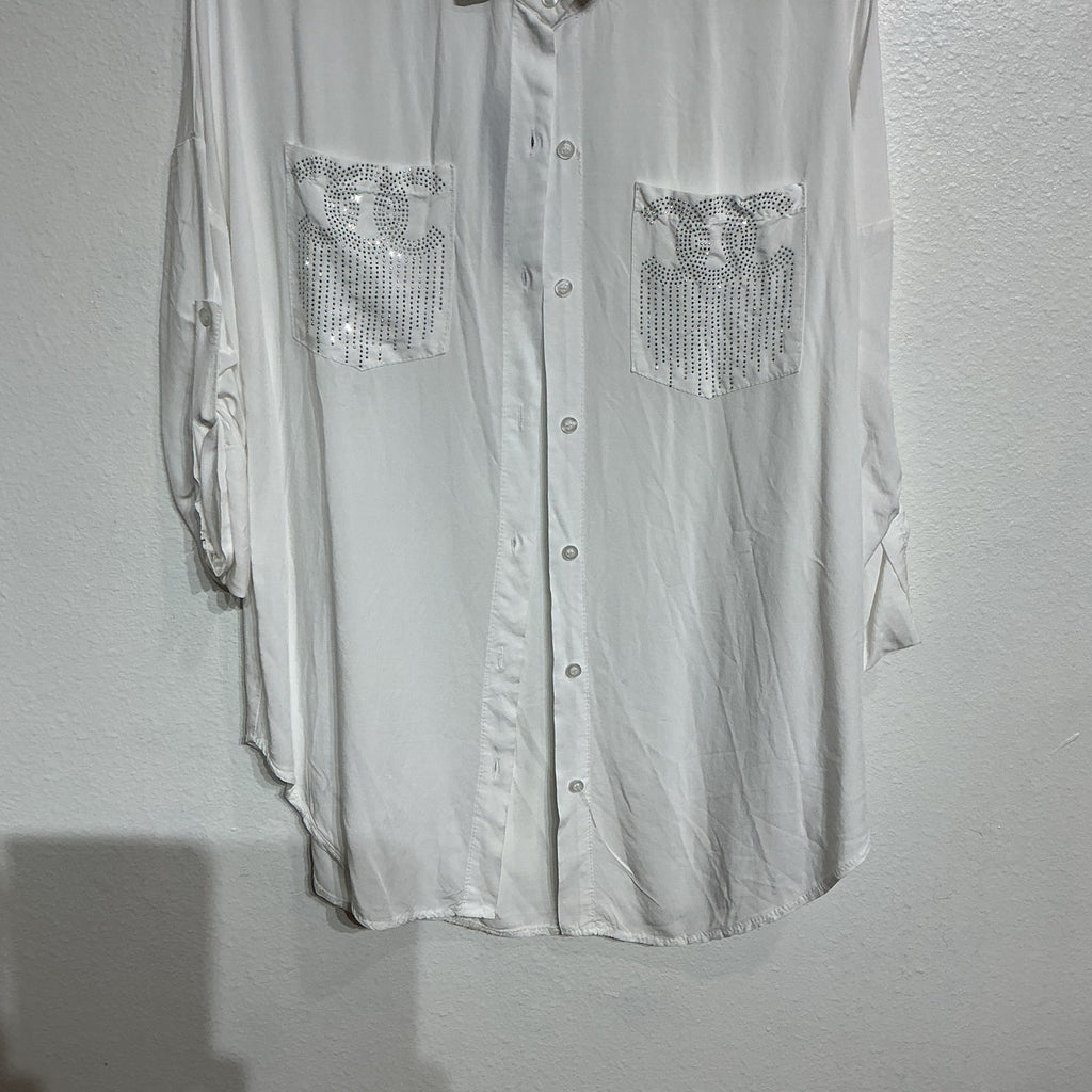Grey Violet White Bedazzled Button Down Blouse Sz XS NWT