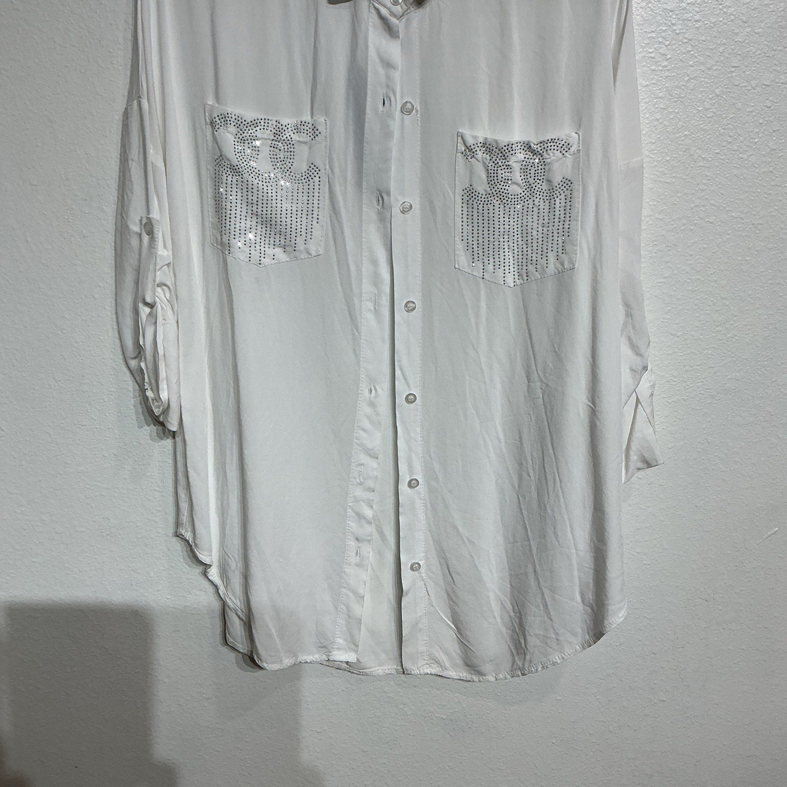 Grey Violet White Bedazzled Button Down Blouse Sz XS NWT