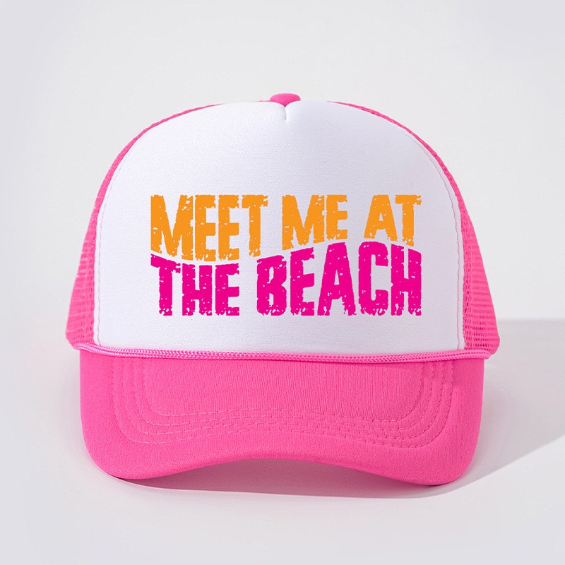 Meet Me at the Beach Hot Pink Retro Summer Snapback Mesh Trucker Hat NWOT