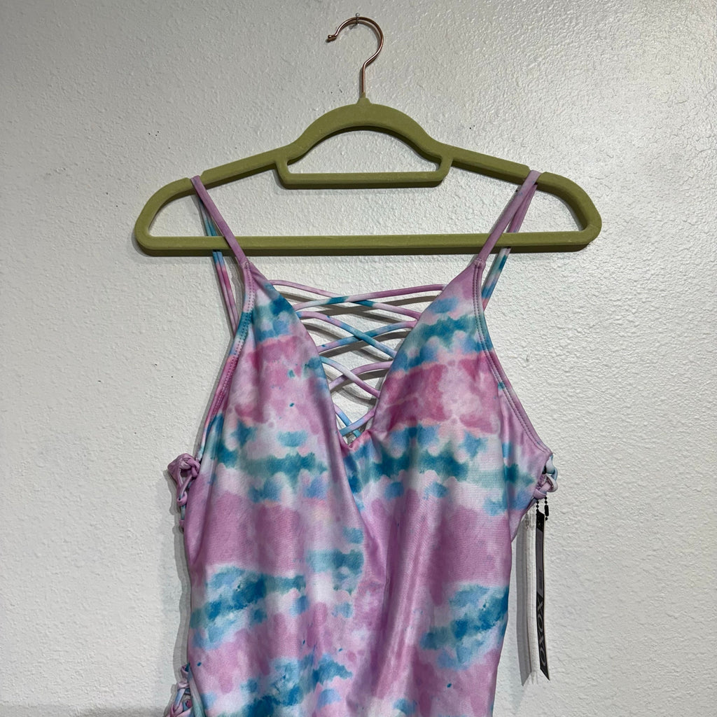 XOXO Pink Blue Tie Dye Plunge One Piece Swimsuit Sz XL NWT
