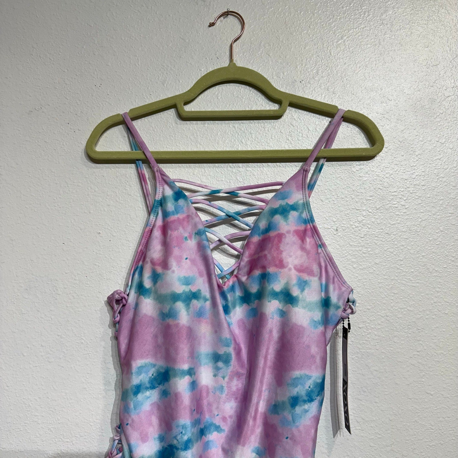 XOXO Pink Blue Tie Dye Plunge One Piece Swimsuit Sz XL NWT