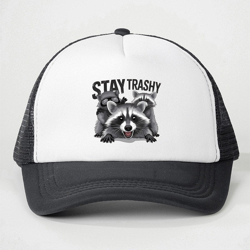 Stay Trashy Black Funny Raccoon Snapback Mesh Trucker Hat NWOT
