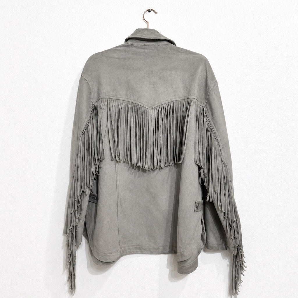 We The Free Flint Gray Fringe Out Vegan Suede Oversized Shacket Sz S NWT