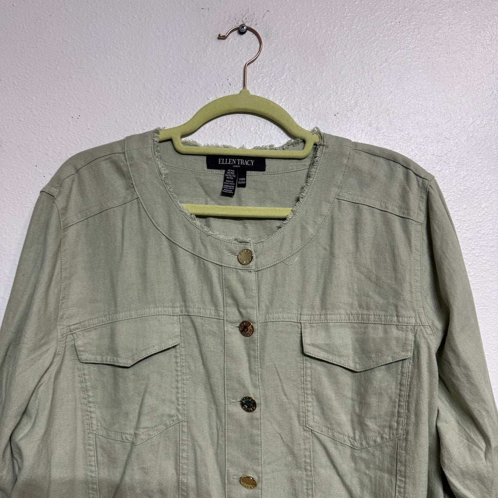 Ellen Tracy Desert Sage Frayed Trim Linen Blend Jacket Sz PXL NWT