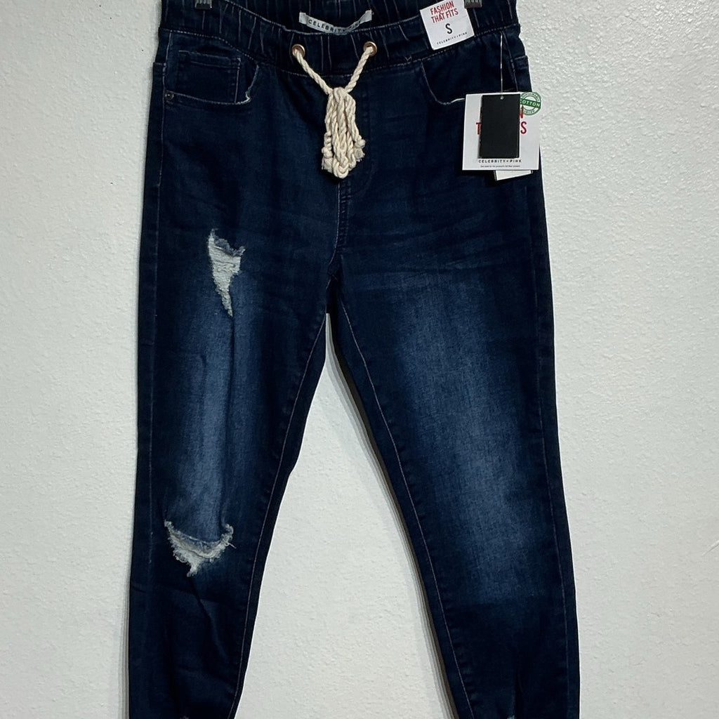 Celebrity Pink Stinger Blue Distressed Pull On Drawstring Denim Pants Sz S NWT