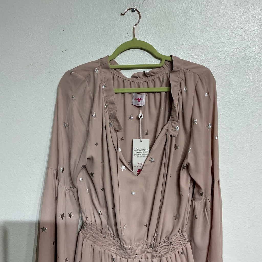 Buddy Love Pink Silver Metallic Star Bell Sleeve Dress Sz S NWT