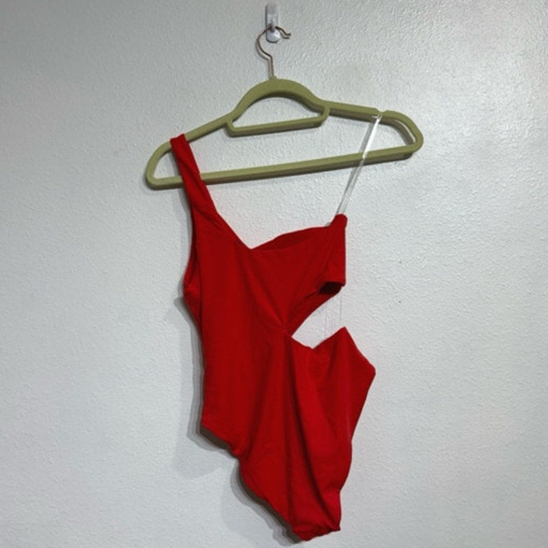 Aqua Red One Shoulder Cut Out One Piece Swimsuit Sz M NWT