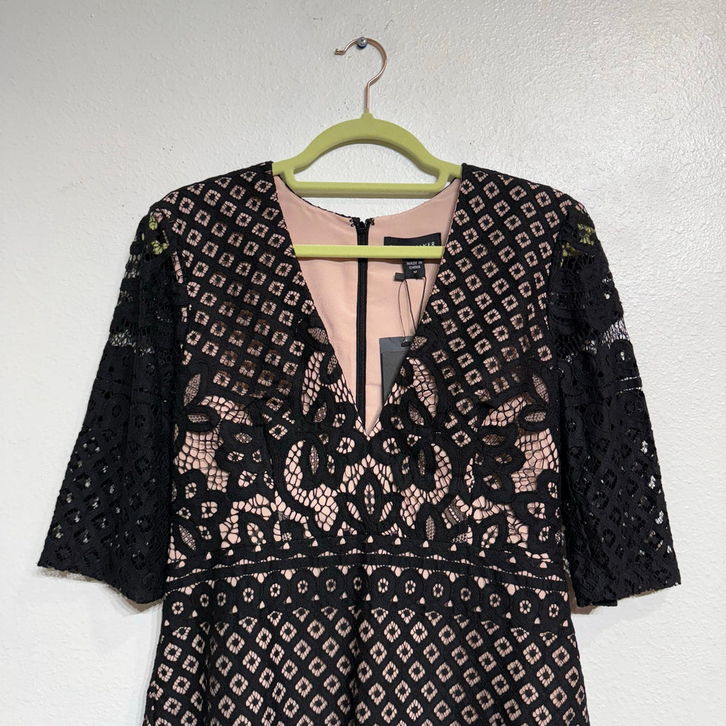 StyleStalker Black Lani Lace Mini Dress Sheer Sleeve V Neck Sz M NWT