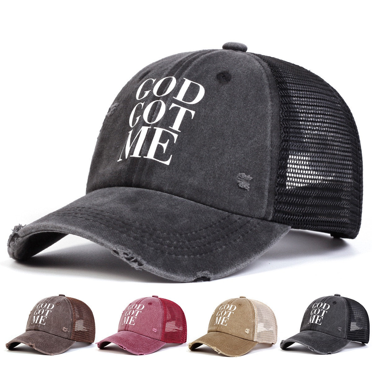 God Got Me Black Distressed Faith Inspired Mesh Adjustable Trucker Hat NWOT
