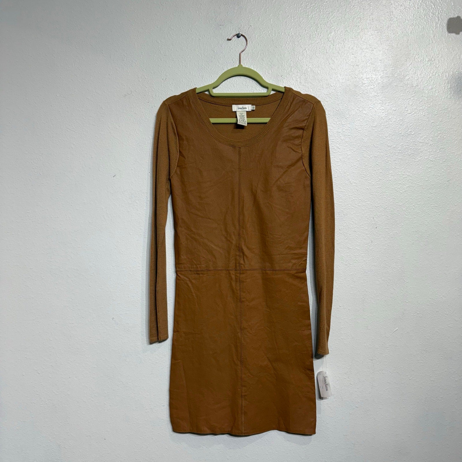 Neiman Marcus Camel Leather Front Knit Long Sleeve Dress Sz XS NWT