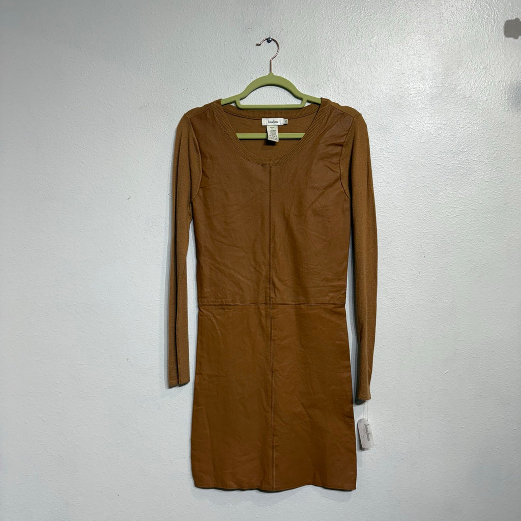 Neiman Marcus Camel Leather Front Knit Long Sleeve Dress Sz XS NWT