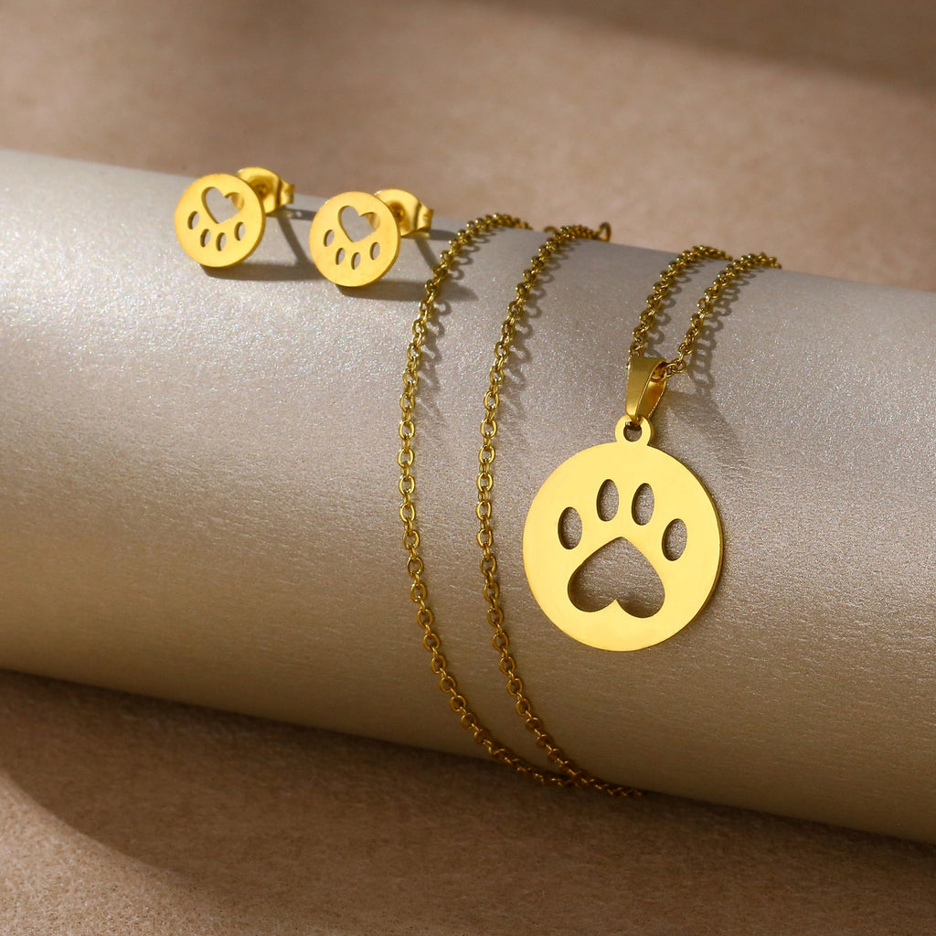 Gold Paw Print Necklace & Stud Earrings Set Pet Lover Jewelry NWOT