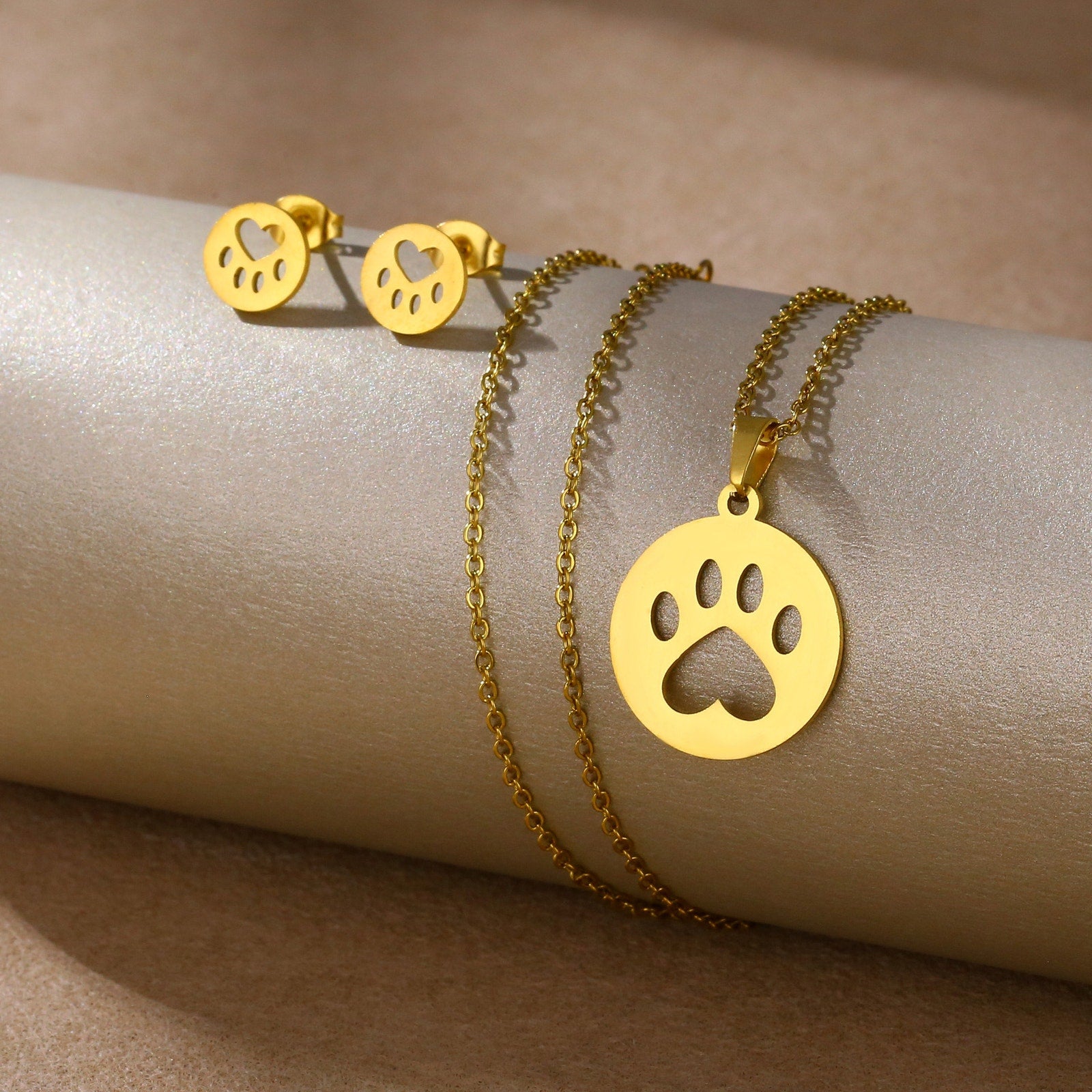 Gold Paw Print Necklace & Stud Earrings Set Pet Lover Jewelry NWOT