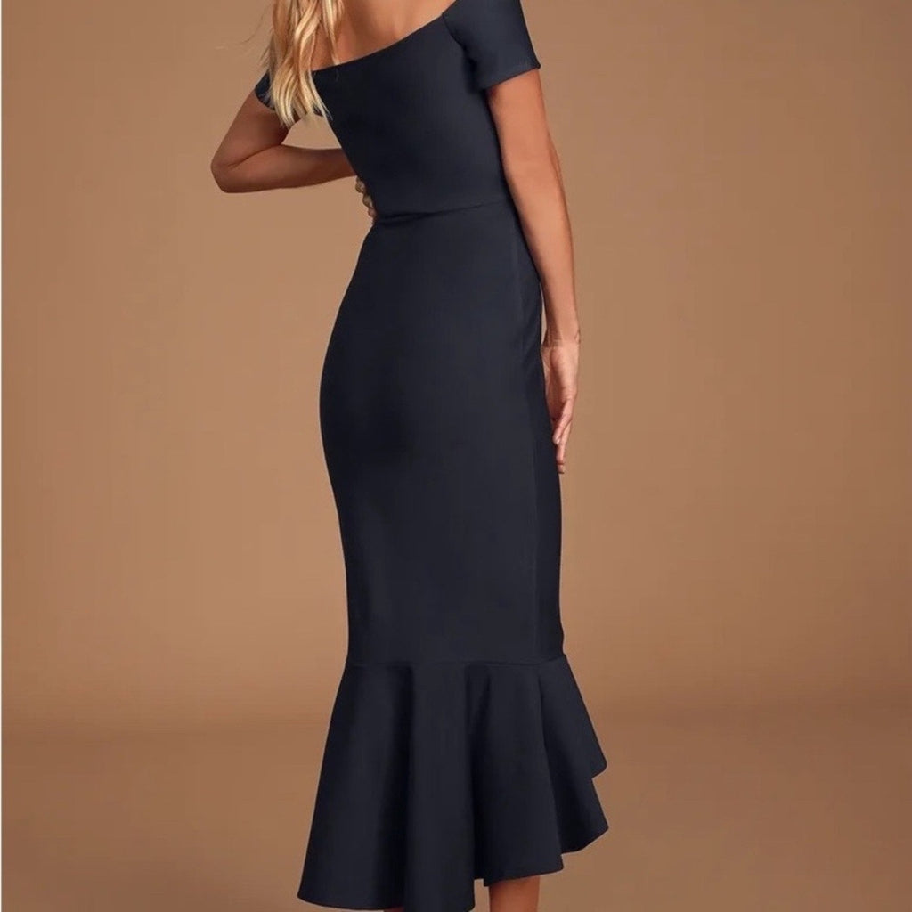 Lulus Midnight Blue How Much I Care Off-the-Shoulder Midi Dress Sz S NWT
