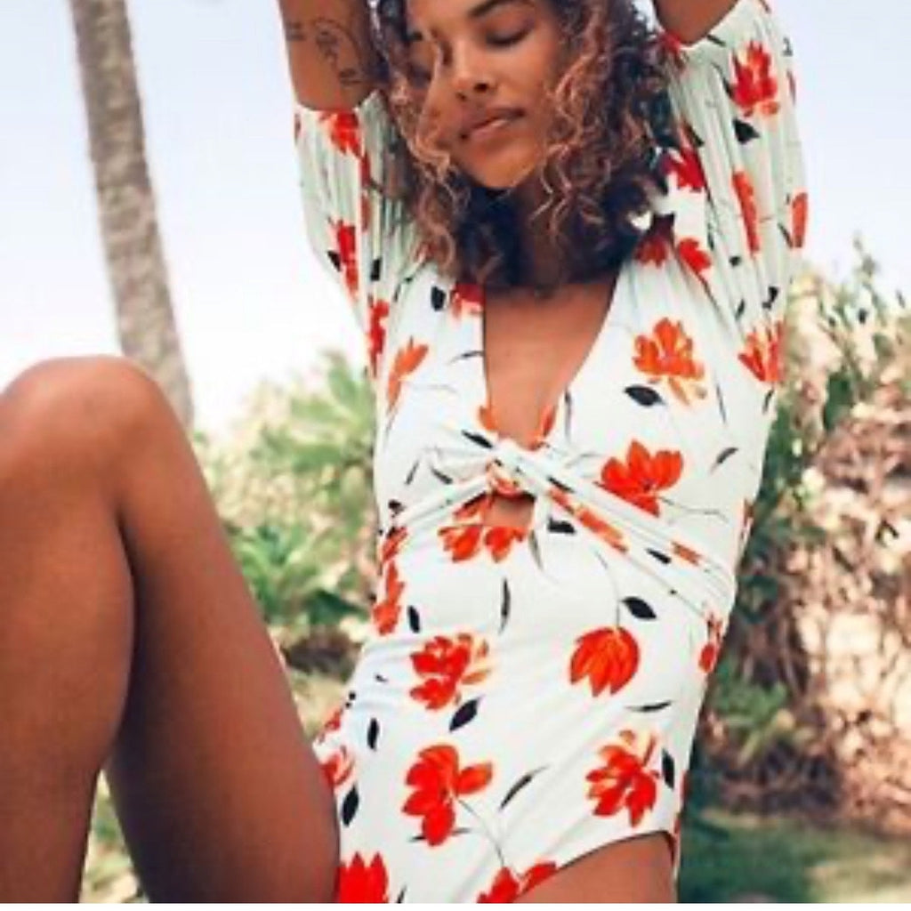 SAME Los Angeles x Free People Floral Tie Front Bodysuit Puff Sleeve Sz M NWT