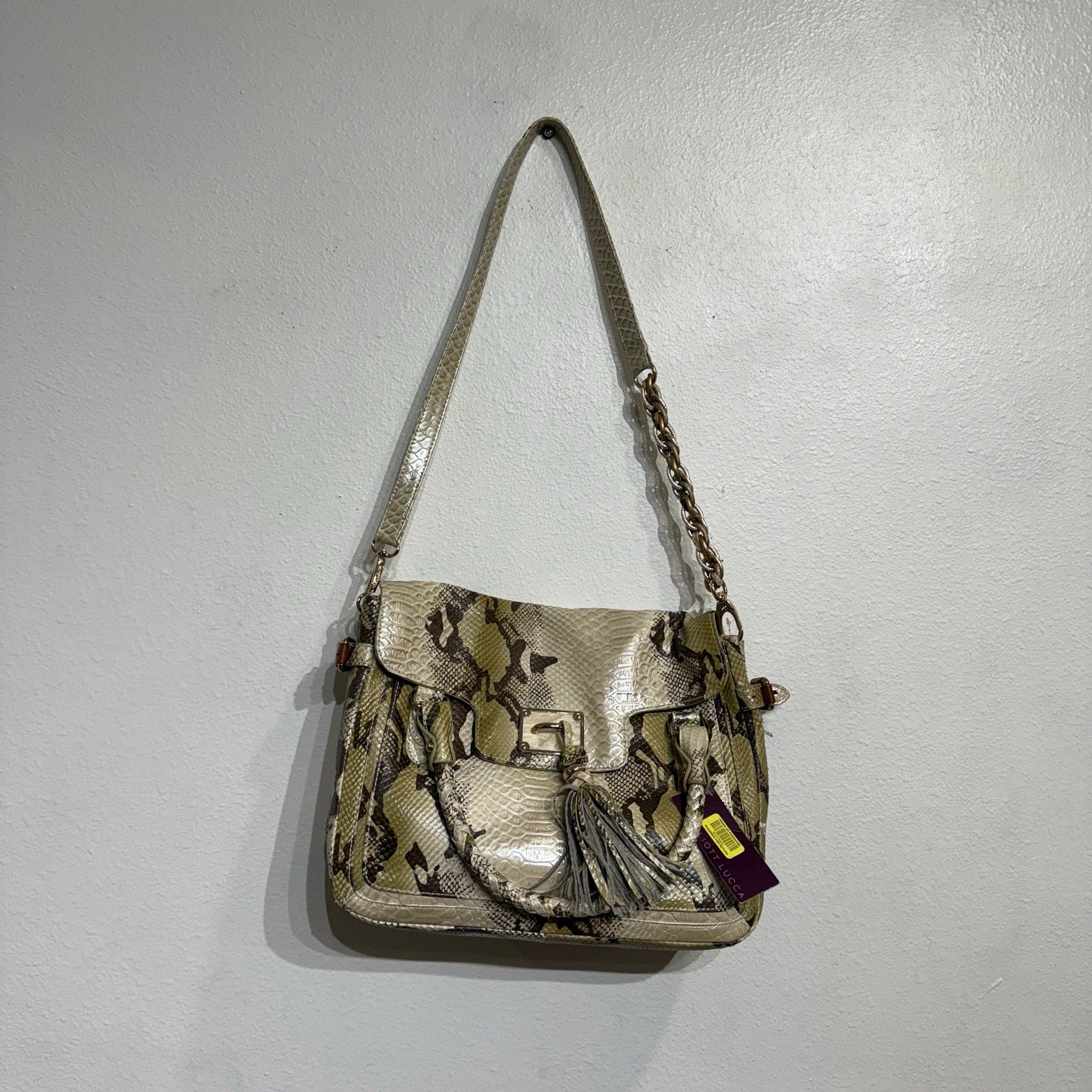 Elliott Lucca Cream Snake Print Shoulder Bag NWT