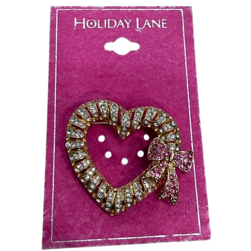 Holiday Lane Gold Tone Pave Heart & Bow Pin Brooch NWT