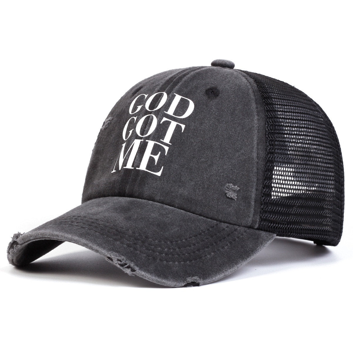 God Got Me Black Distressed Faith Inspired Mesh Adjustable Trucker Hat NWOT