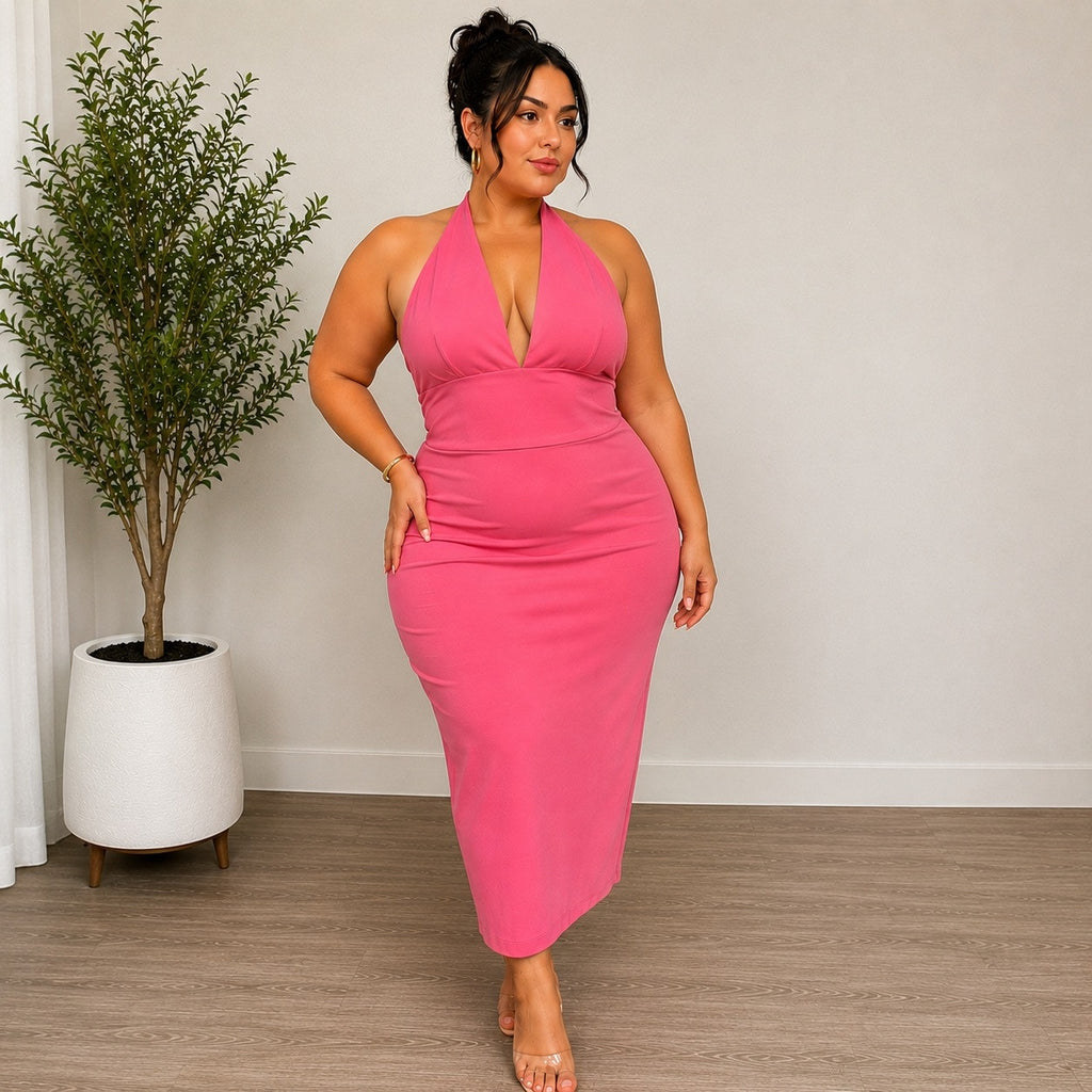 Clothing Obsessed Company Pink Curvy Fit Halter Midi Dress Sz 3XL NWT