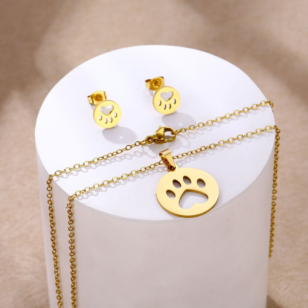 Gold Paw Print Necklace & Stud Earrings Set Pet Lover Jewelry NWOT