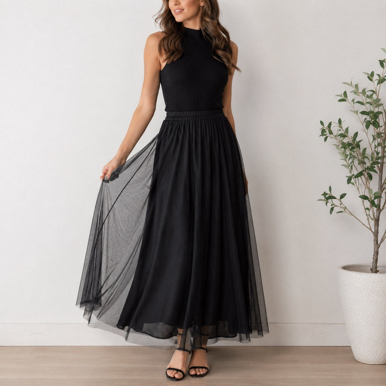 MSK Black Mesh Maxi Skirt Elastic Waist Sz M NWT