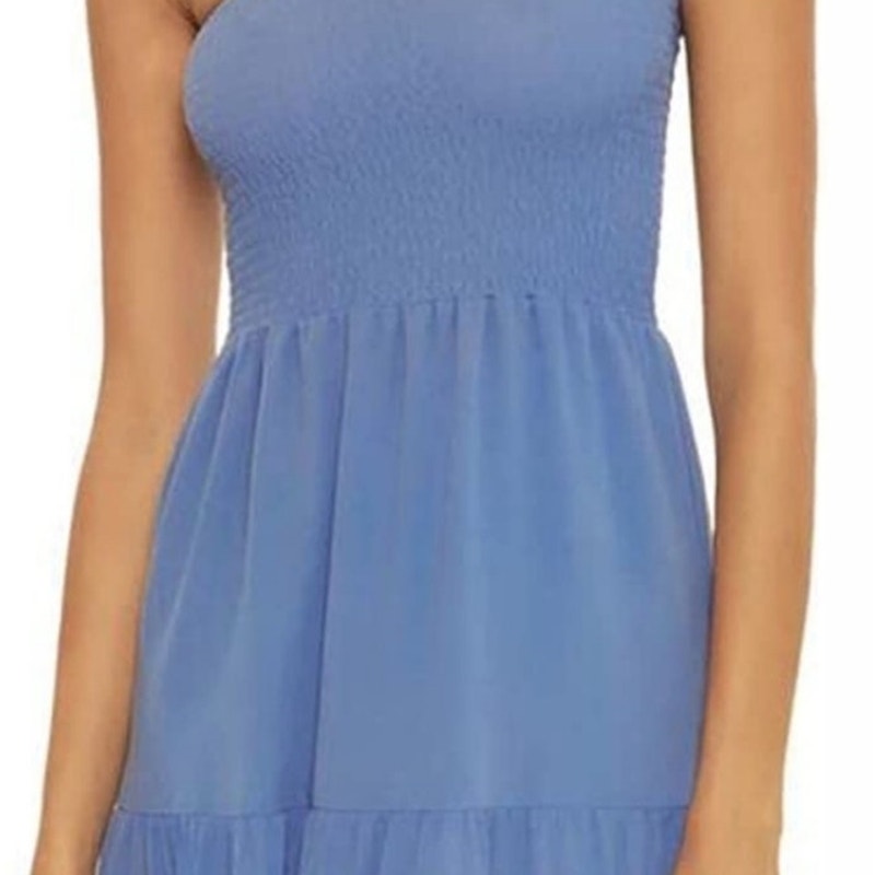 Becca Swim Mist Blue Ponza Smocked One Shoulder Dress Sz L NWT
