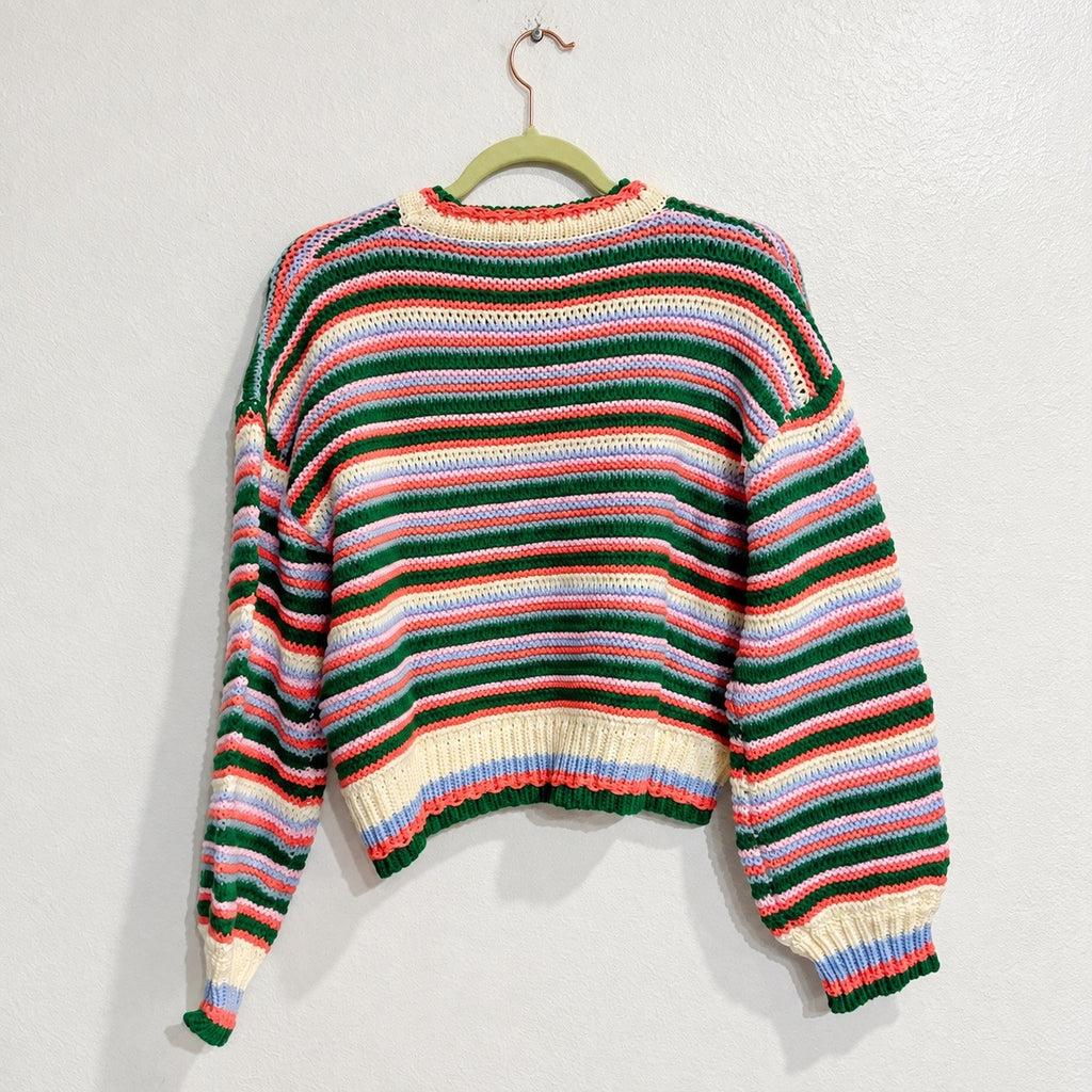 Storia Ivory Multi Striped Crewneck Sweater Sz S NWT