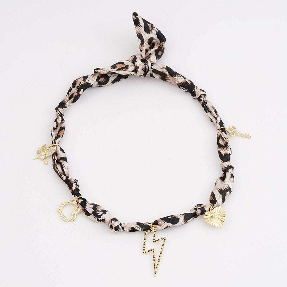 Leopard Print Scarf Necklace Lightning Bolt Charm Statement Necklace NIB