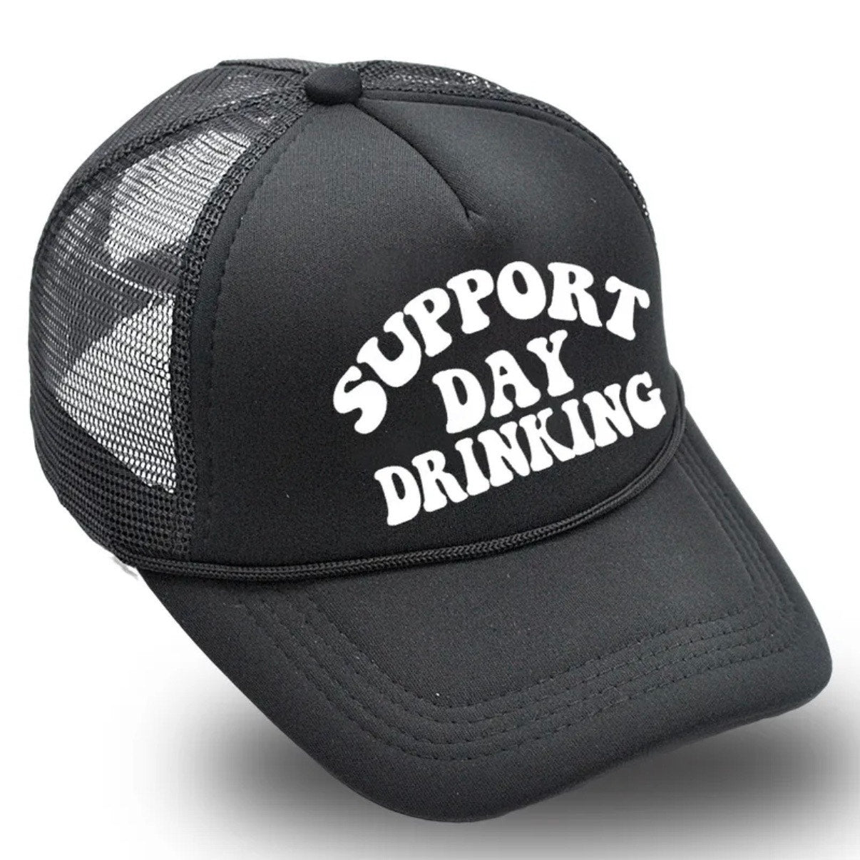 Support Day Drinking Black Trucker Hat Graphic Cap Adjustable Snapback NWT