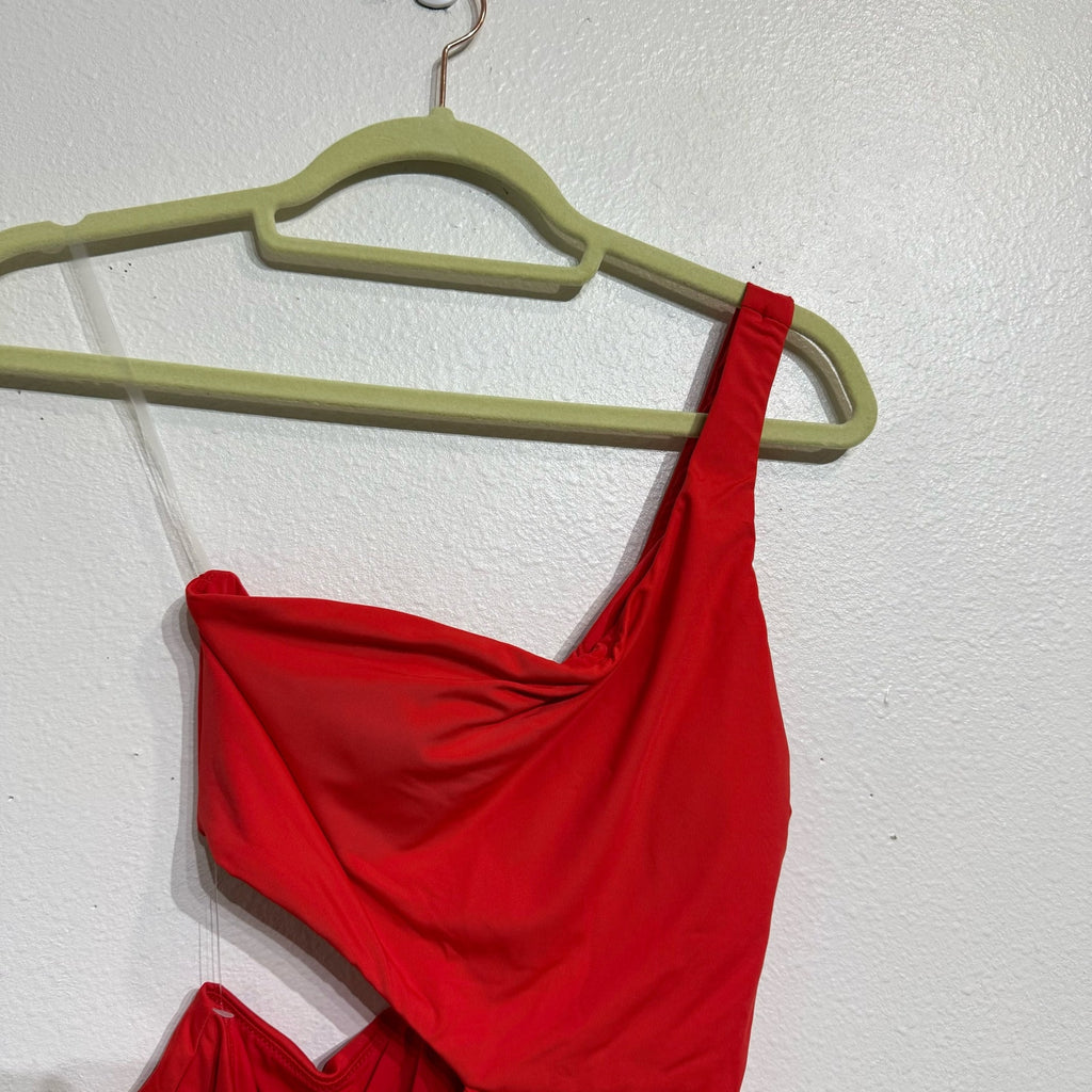 Aqua Red One Shoulder Cut Out One Piece Swimsuit Sz XS NWT