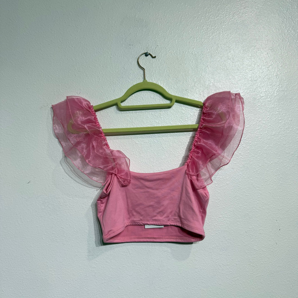 Anything Bling Pink Ruffle Mesh Sleeve Crop Top Sz S NWT