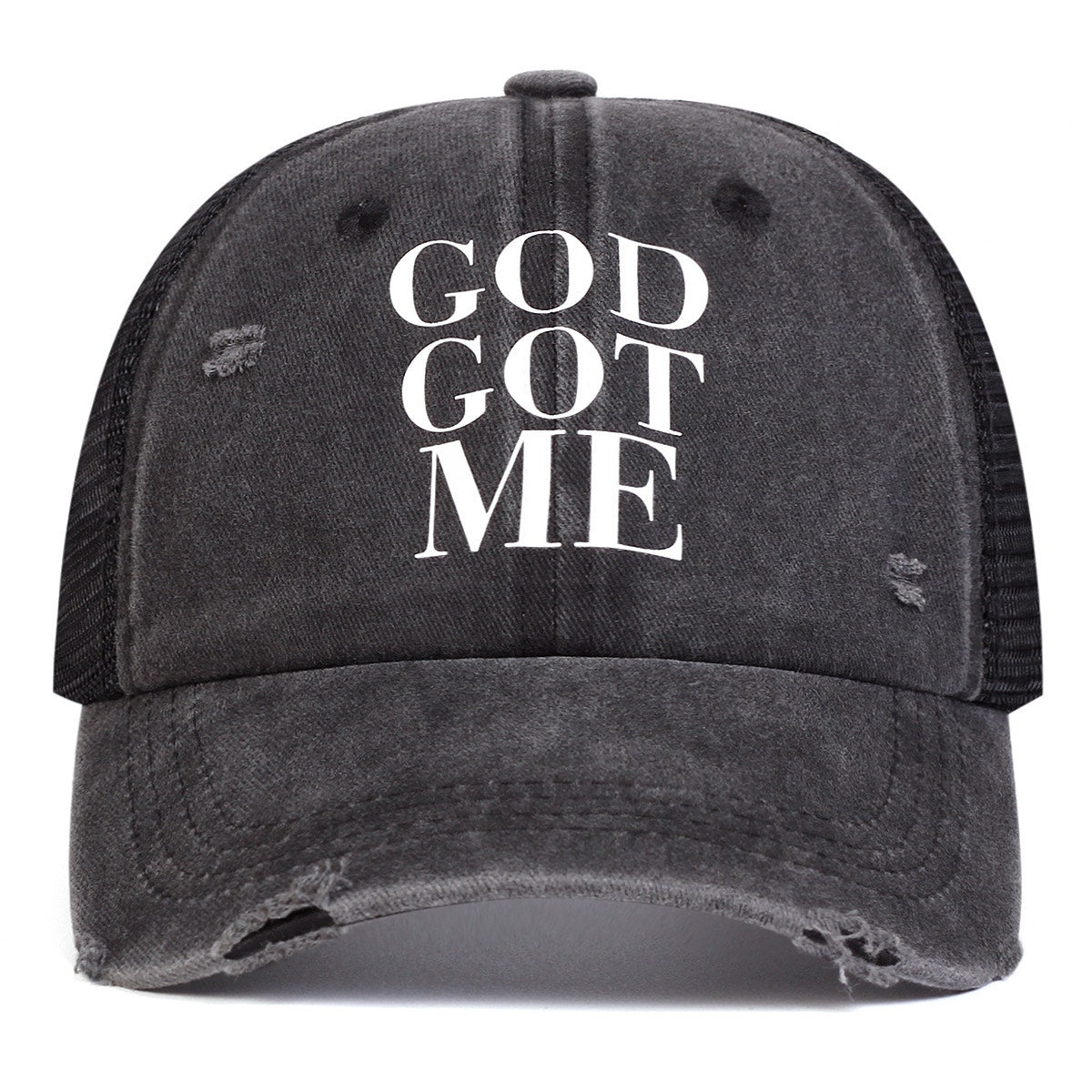 God Got Me Black Distressed Faith Inspired Mesh Adjustable Trucker Hat NWOT