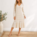 Callahan Ivory Textured Knit Midi Dress Long Sleeve Ruffle Hem Sz S NWT