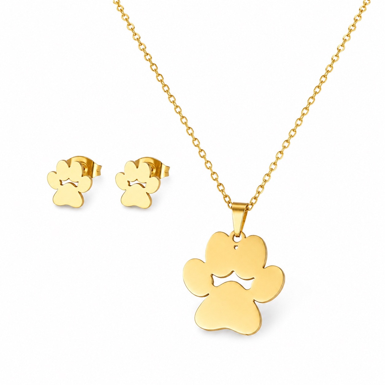 Gold Paw Print Necklace & Stud Earrings Pet Lover Jewelry Set NWOT