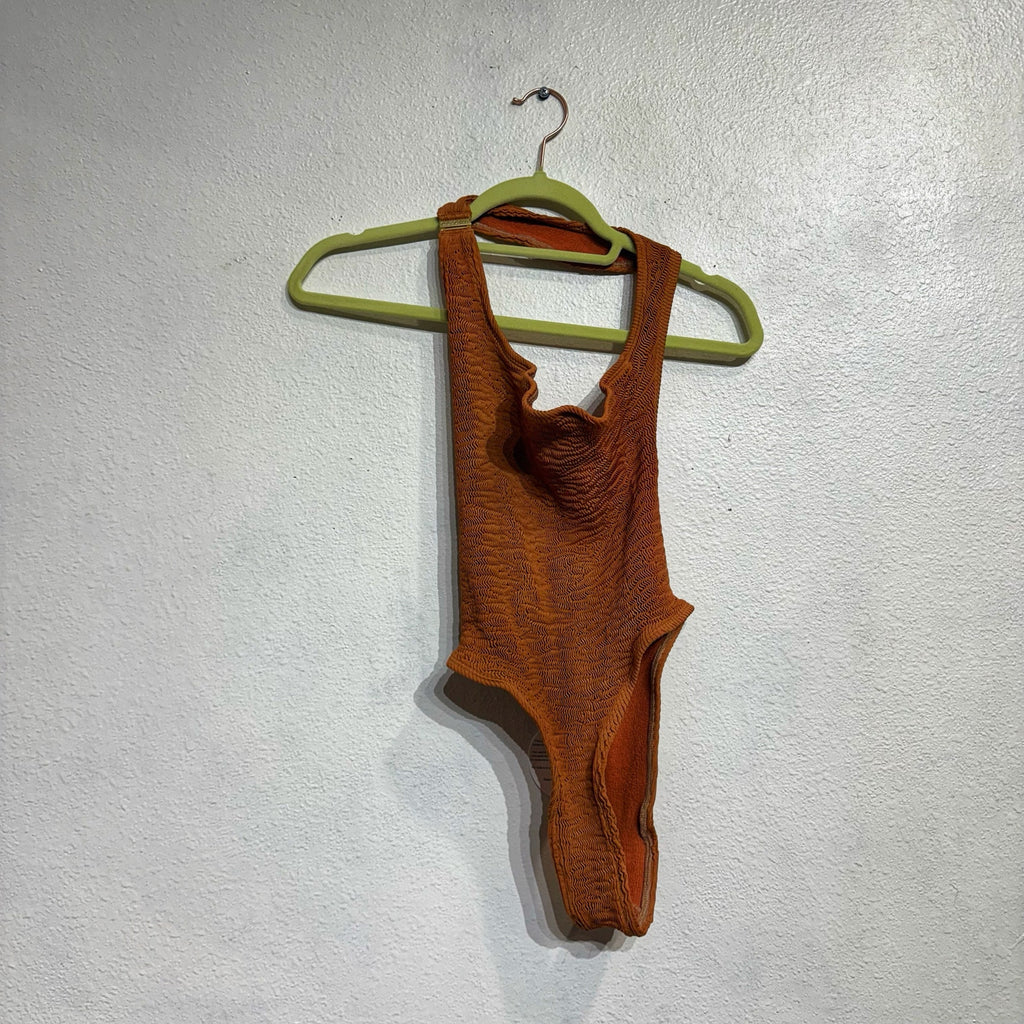 Cleonie Espresso Sculpture Mailout Smocked One Piece Swimsuit Sz O/S NWT