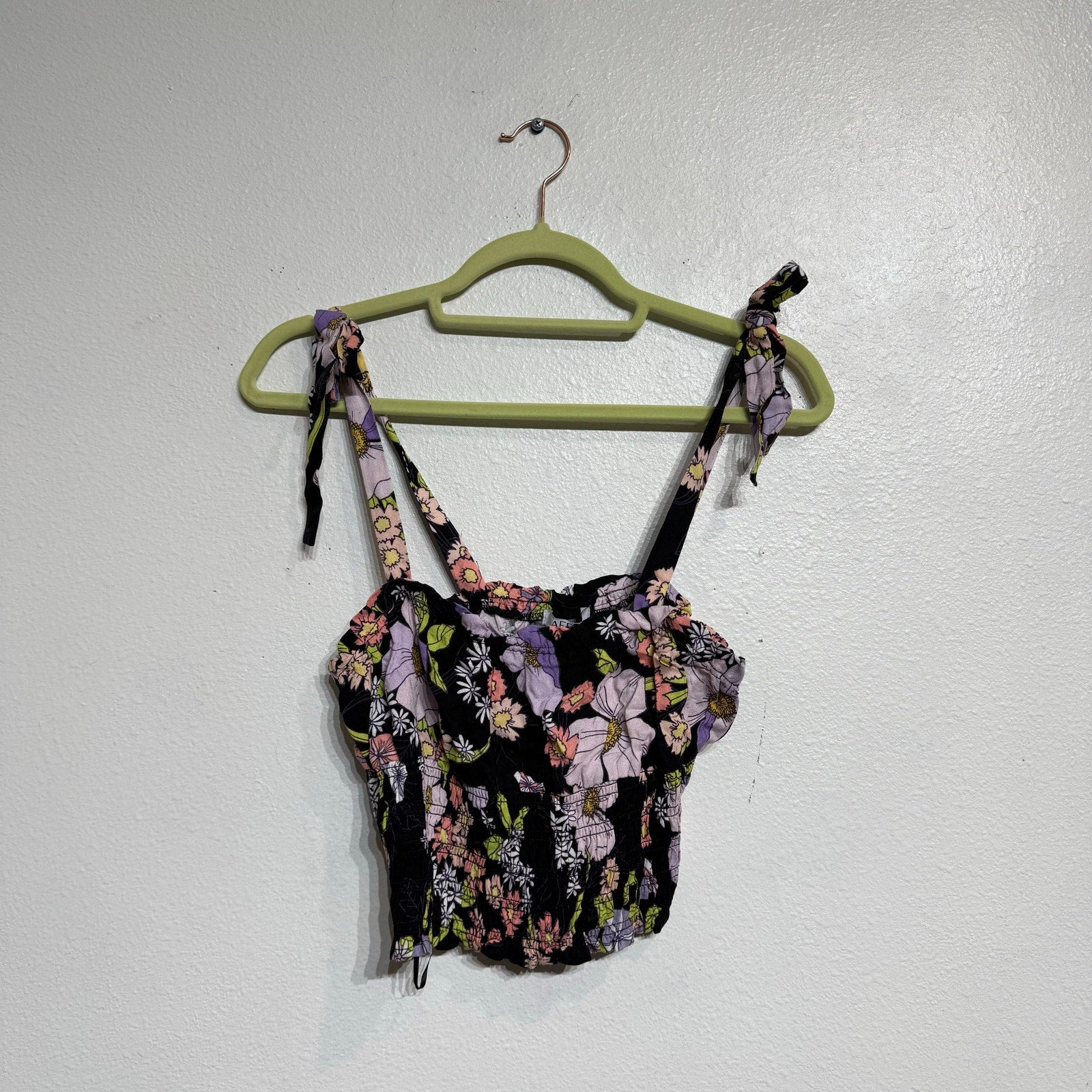 AFRM Black Floral Stein Smocked Crop Top Sz M NWT