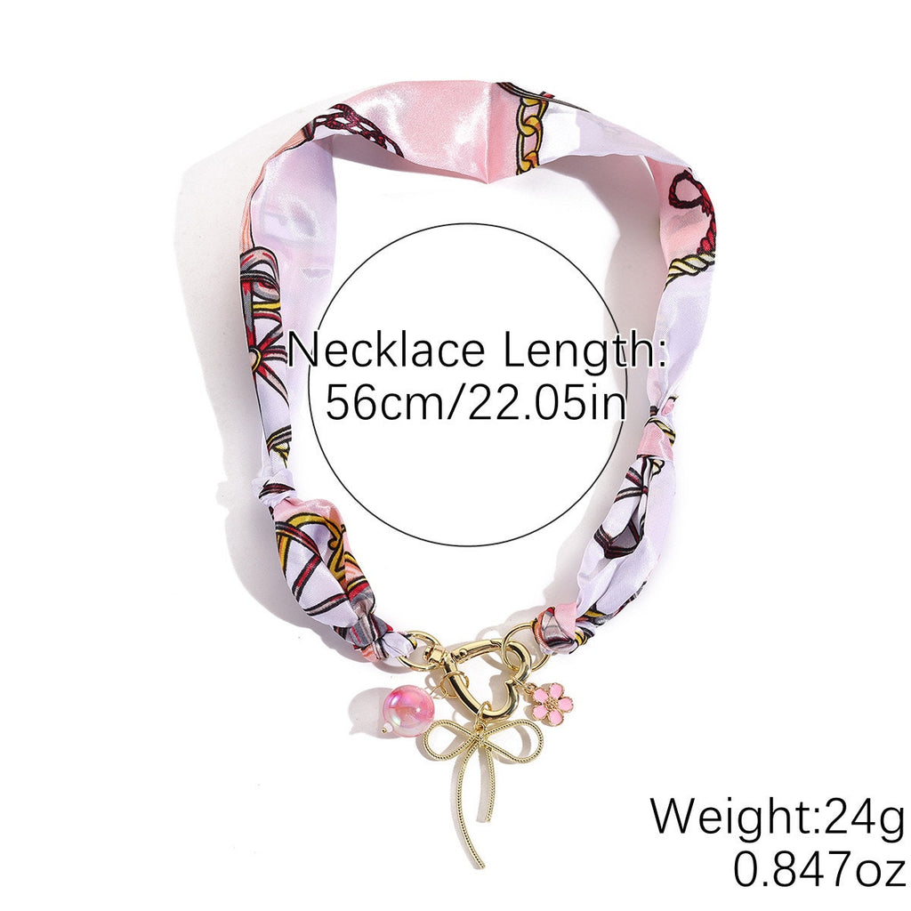 Pink Scarf Necklace Bow Charm Heart Pendant Coquette Statement Necklace NIB
