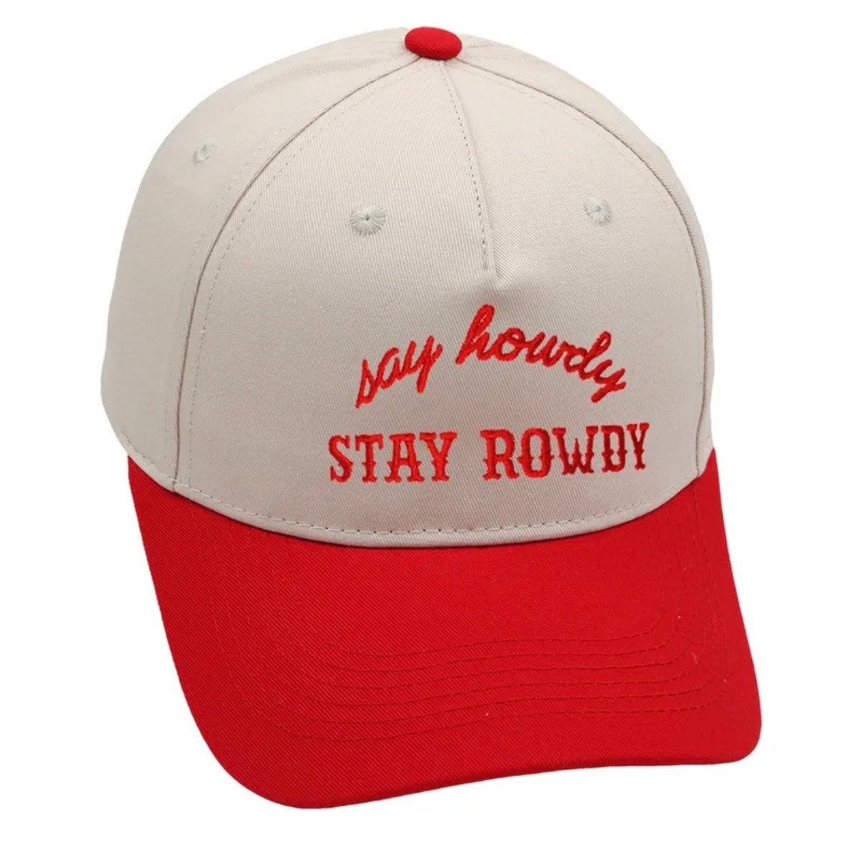 Say Howdy Stay Rowdy Beige Red Western Western Adjustable Baseball Hat NWT